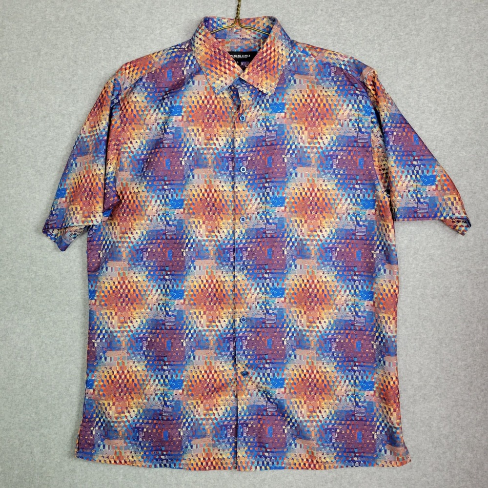 Bassiri Limited Collection Mens Large Abstract Geometric Microfiber Shirt Blue L